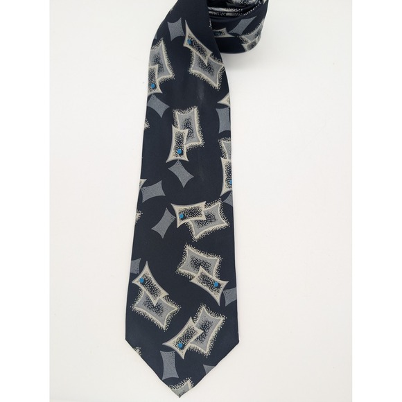 Giorgio Armani Mens Silk Navy Blue Gray Geometric Luxury Necktie Italy 59 Inch - Picture 2 of 5